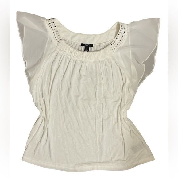 AGB White Blouse w/Sheer Flutter Sleeves & Silver Bejeweled Neckline (Size: Med) - Picture 5 of 12